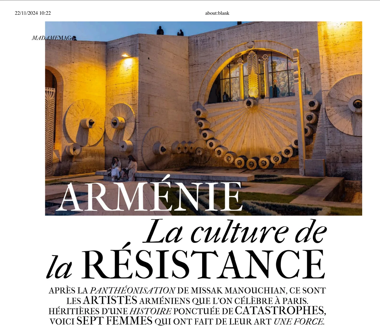 Magazine feature titled Arménie — La culture de la résistance.