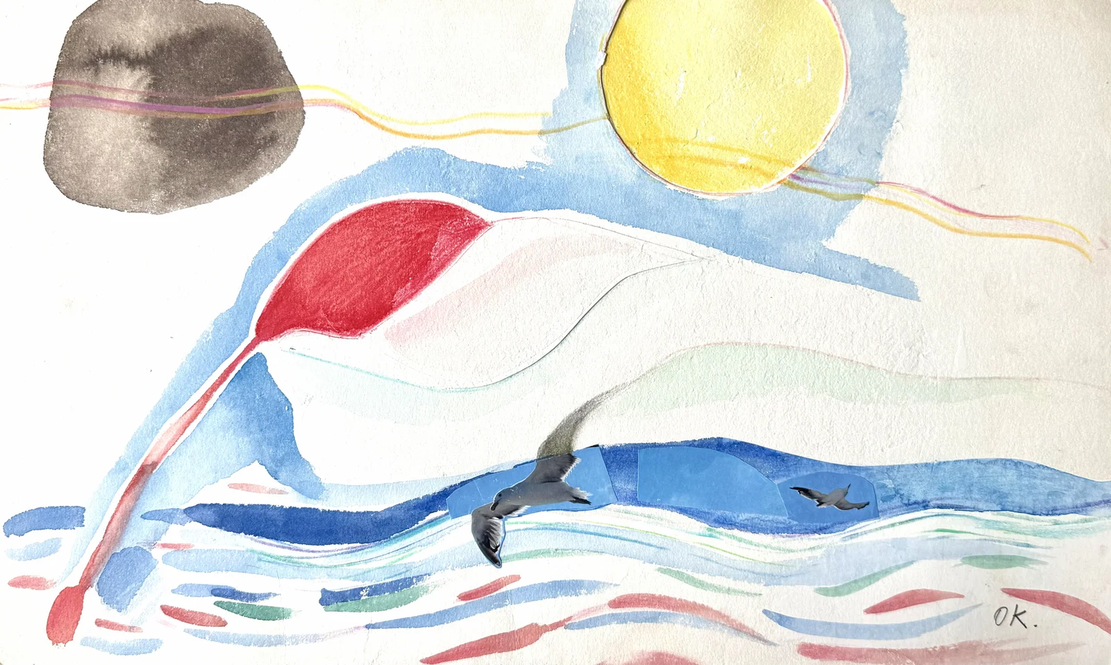 A fluid landscape with a yellow sun, a dark moon and bands of color.