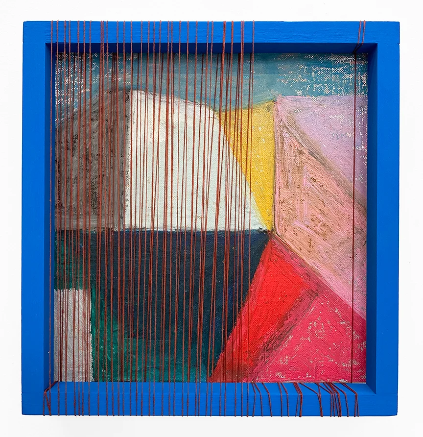 Melissa Dadourian — Under String, 2021 Oil on linen, wood and string, 14" x 13"