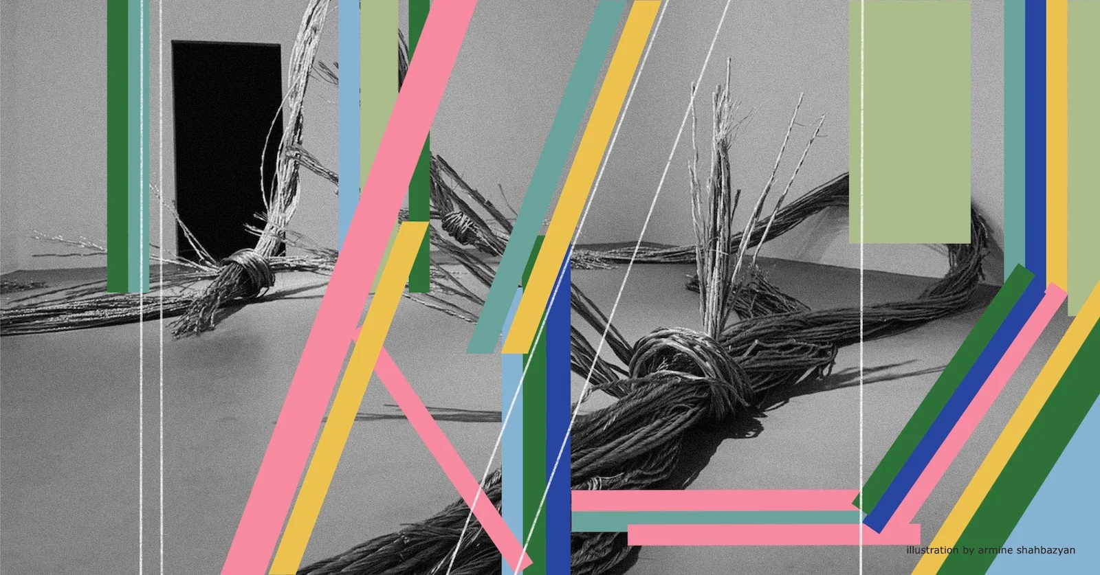 Meri Karapetyan’s metal installation framed by colorful geometric elements.